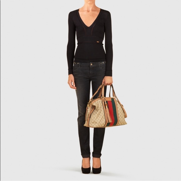 Gucci Rania Monogram GG Web Convertible Satchel Tote Crossbody Bag in Khaki - Picture 16 of 17